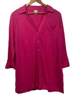 Chicos Sz 1(US M) Linen Button Up Tunic Top Shirt Hot Pink Roll Tab Sleeve NEW